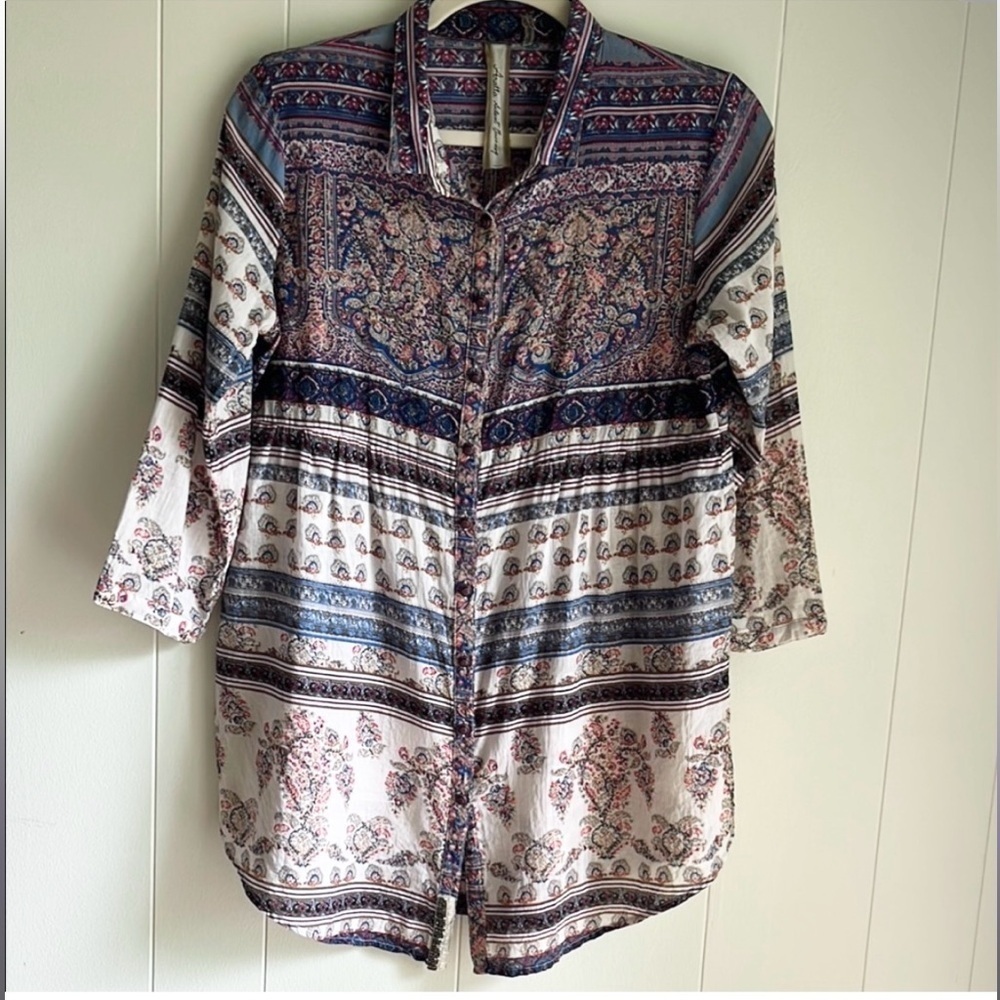 Aratta Silent Journey Blue, Red, Beige Boho Floral Beach Tunic Shirt Sz Sm - Picture 2 of 16